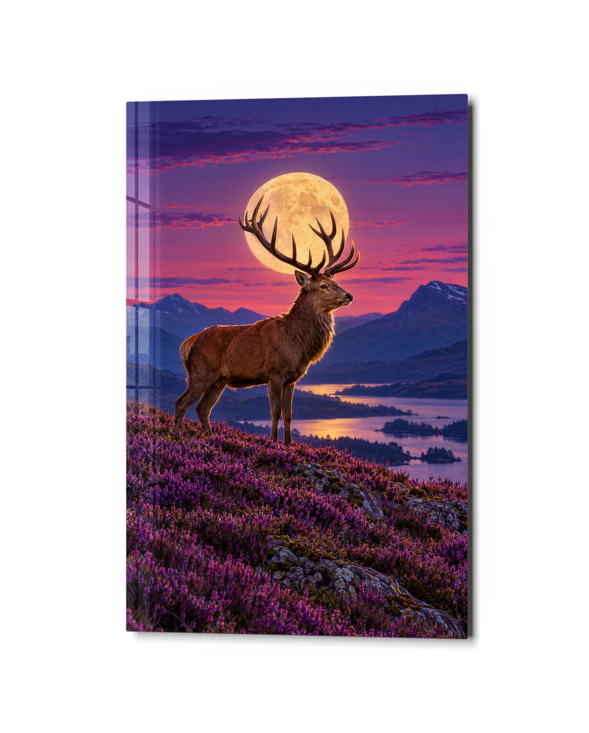 Stag and the Rising Moon — studio view of glass wall art