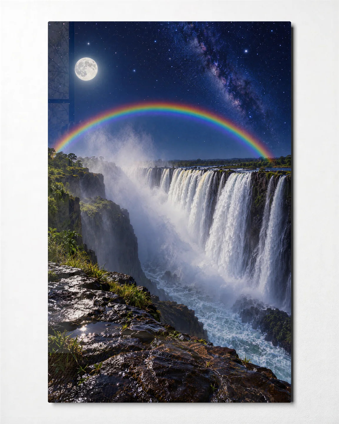 Moonbow at Victoria Falls — front view of glass wall art