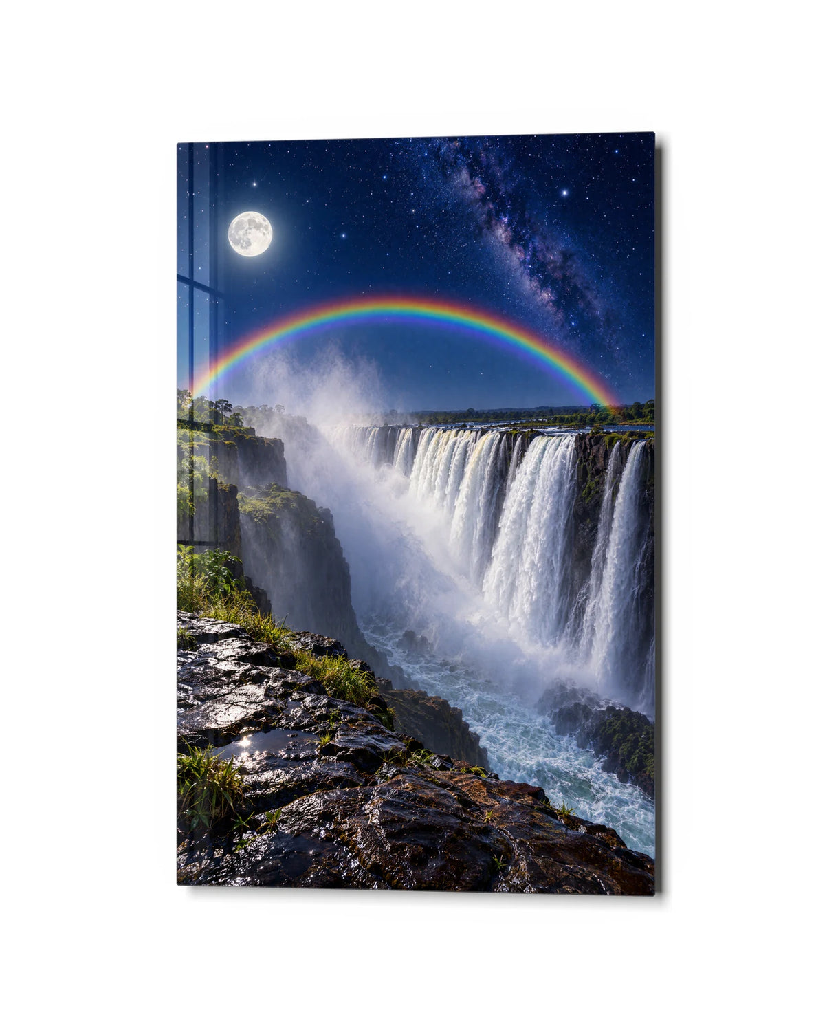 Moonbow at Victoria Falls — studio view of glass wall art