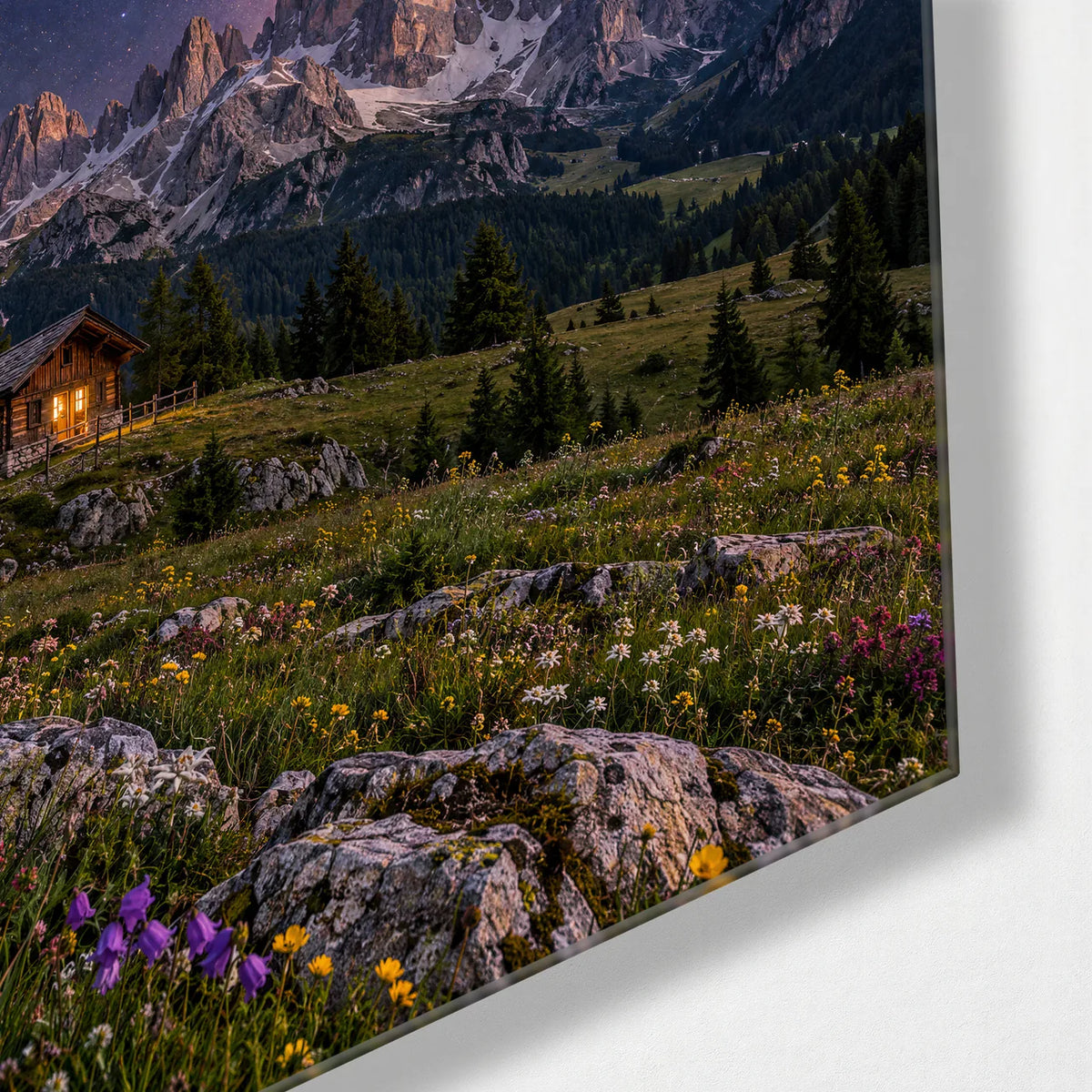 Milky Way Over the Hut — corner detail of glass wall art