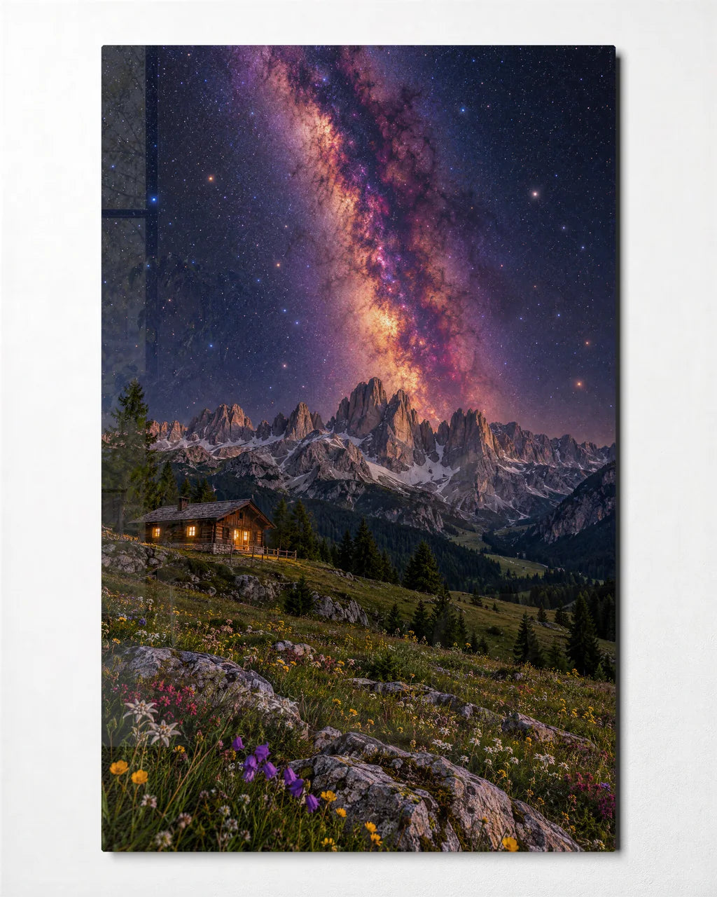 Milky Way Over the Hut — front view of glass wall art