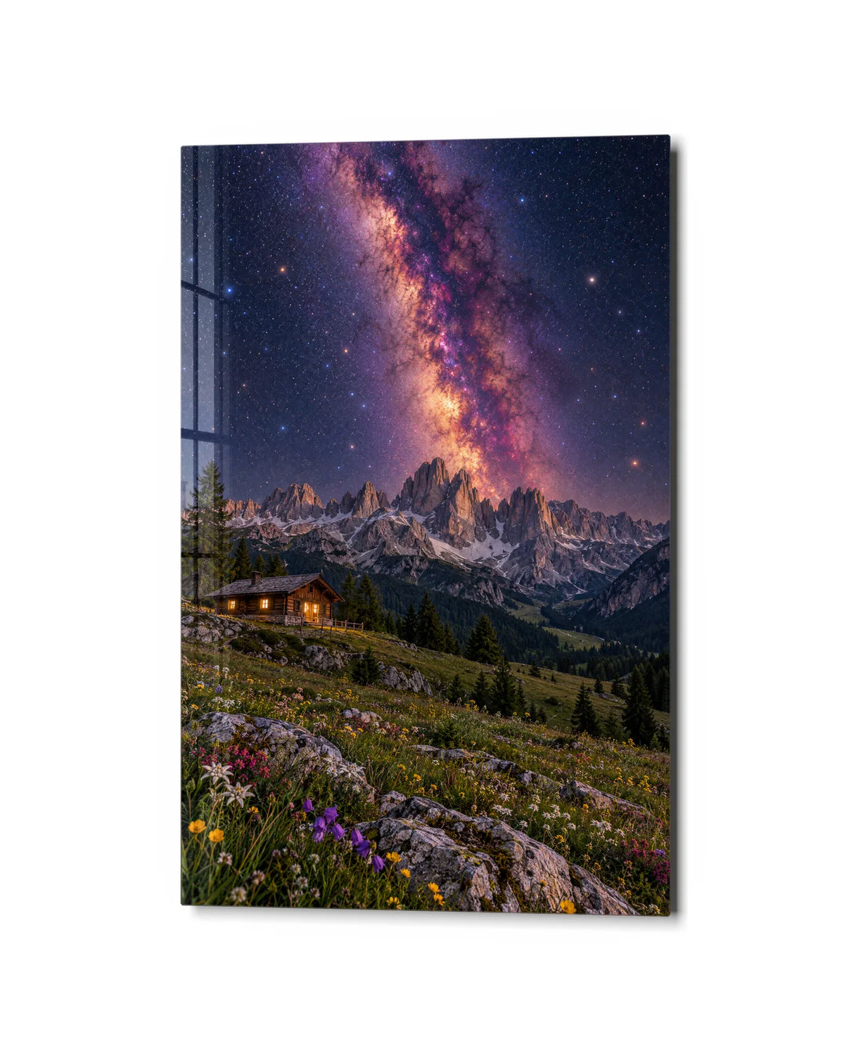 Milky Way Over the Hut — studio view of glass wall art