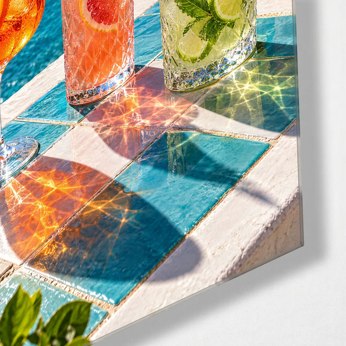 Three on the Ledge — corner detail of glass wall art