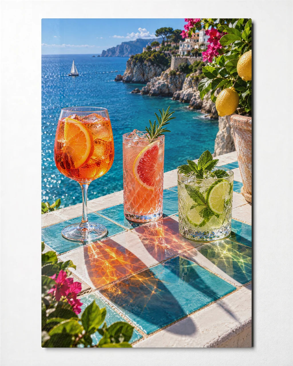 Three on the Ledge — front view of glass wall art