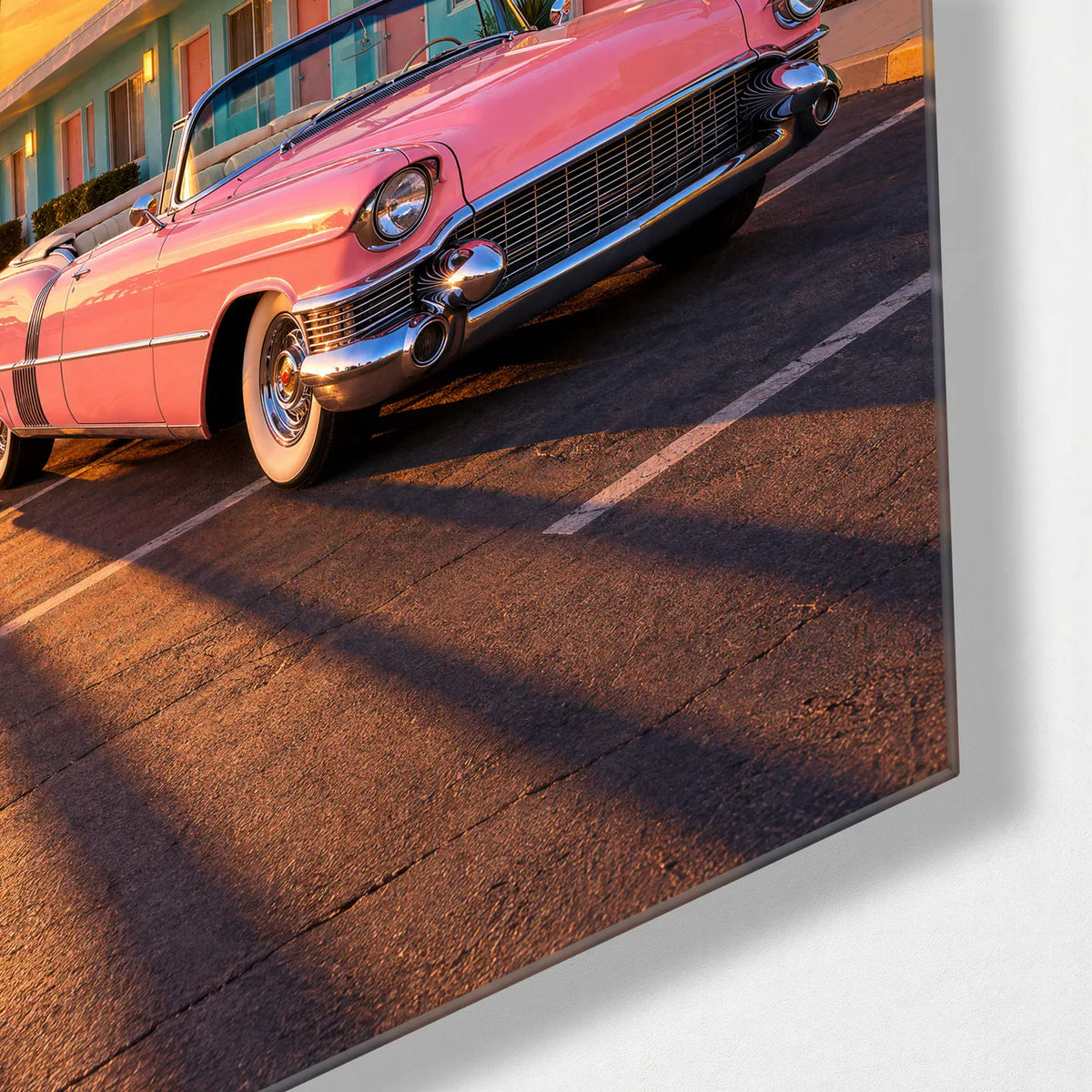 Pink Convertible Motel — corner detail of glass wall art