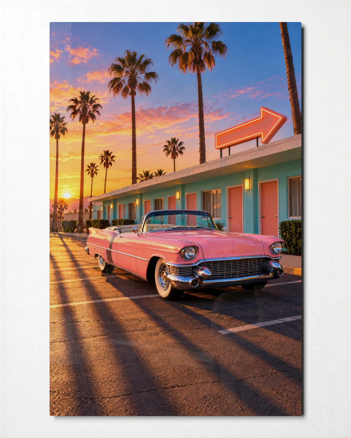 Pink Convertible Motel — front view of glass wall art