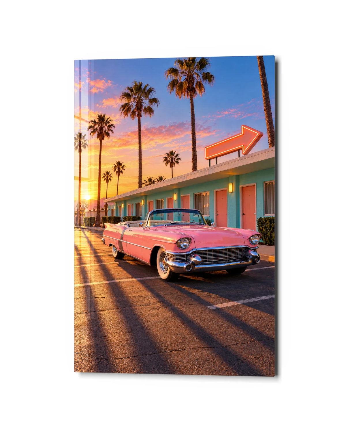 Pink Convertible Motel — studio view of glass wall art