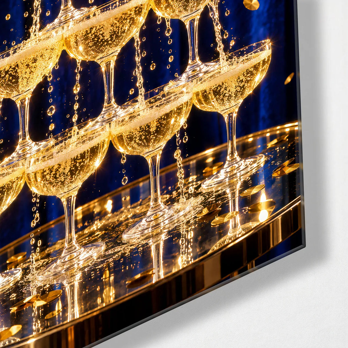 Champagne Tower — corner detail of glass wall art