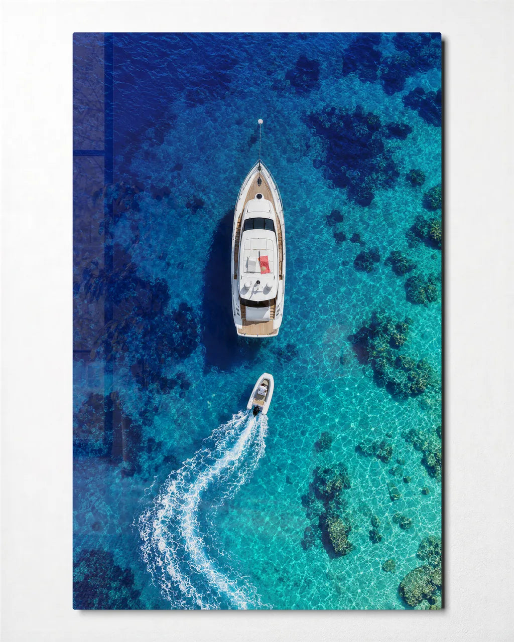 Yacht from Above — front view of glass wall art