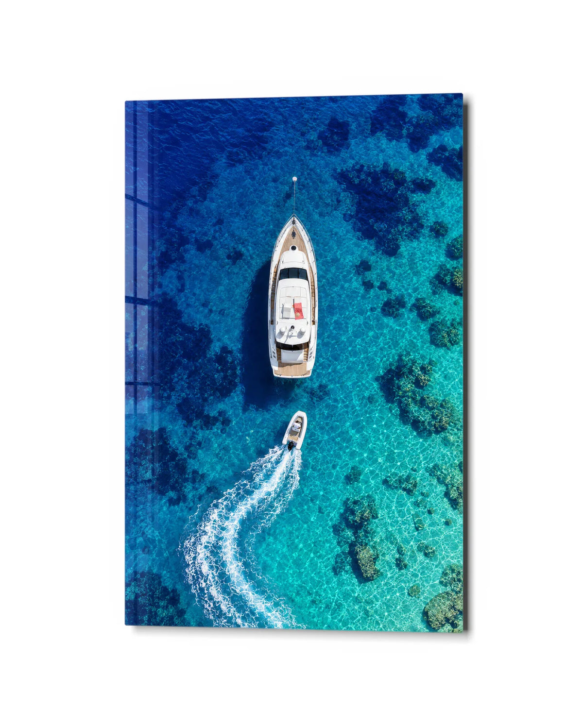 Yacht from Above — studio view of glass wall art