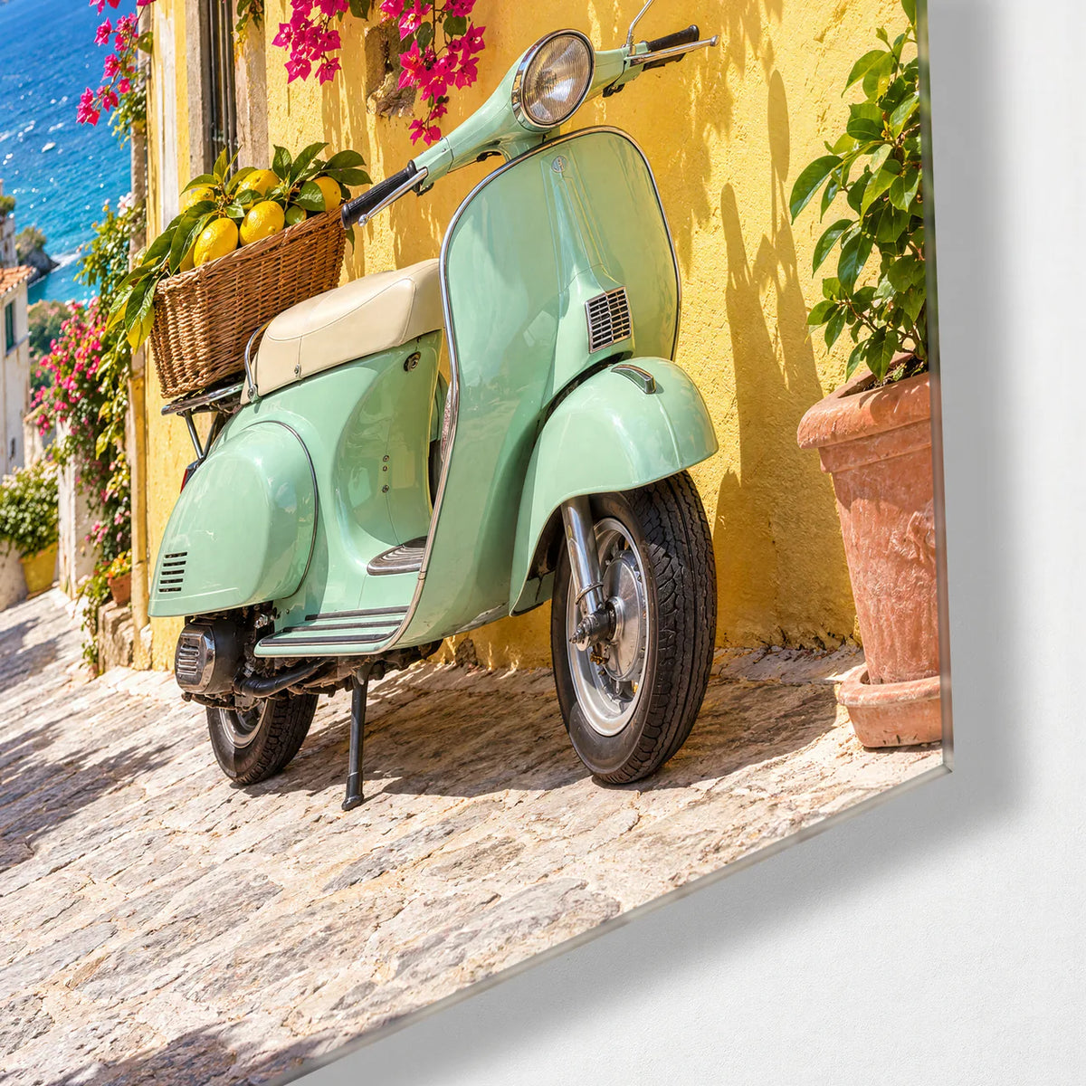 Scooter Under the Bougainvillea — corner detail of glass wall art