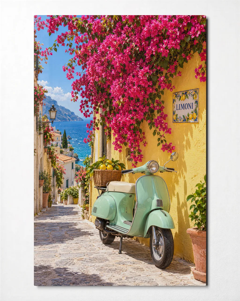 Scooter Under the Bougainvillea — front view of glass wall art