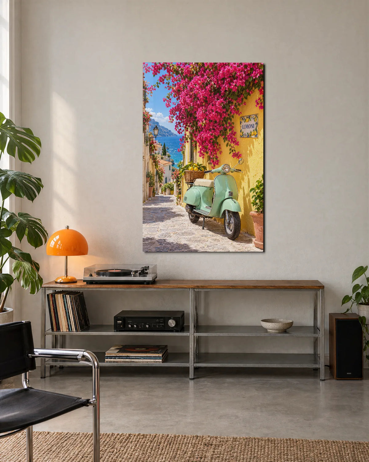 Scooter Under the Bougainvillea — shown in a living space