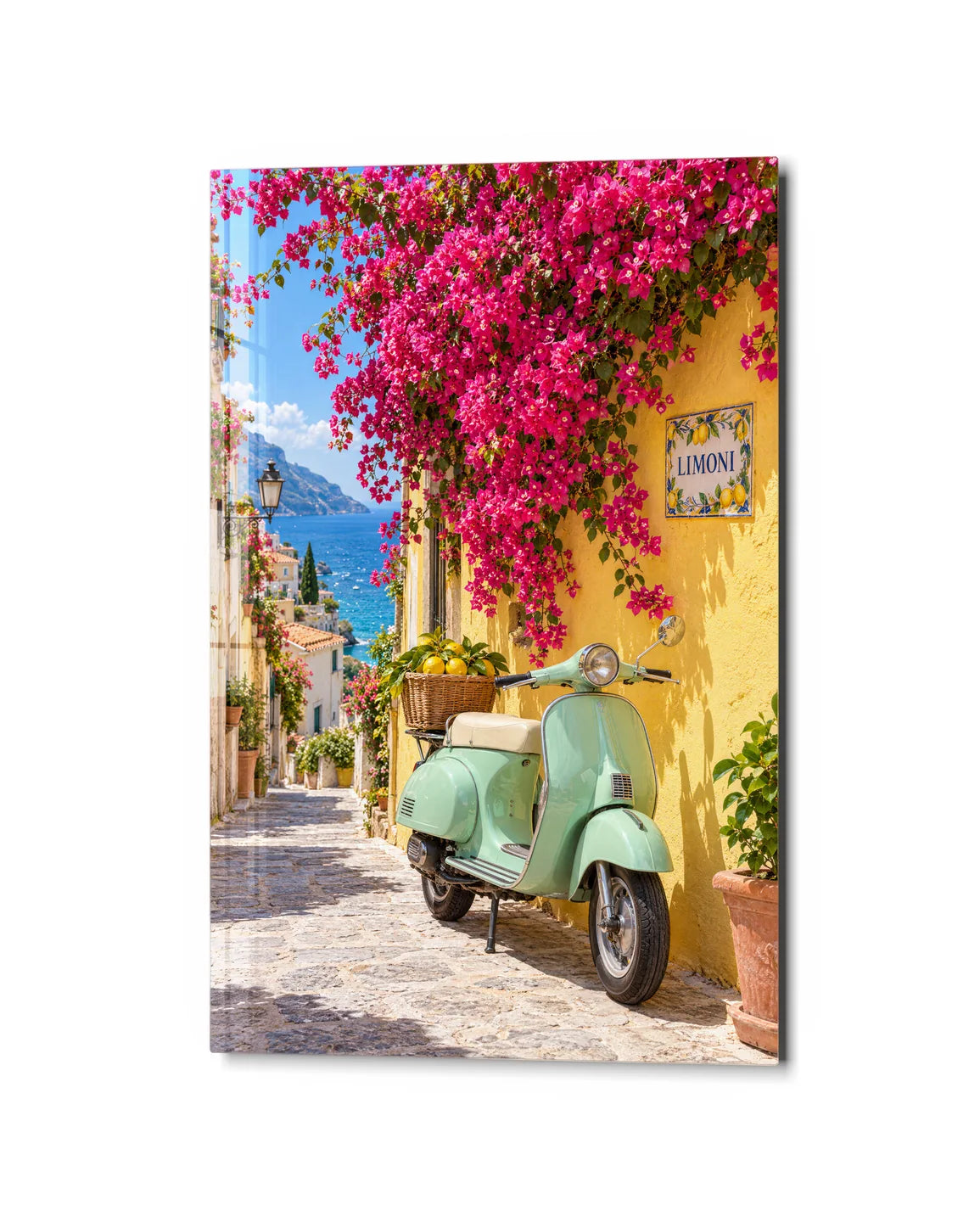 Scooter Under the Bougainvillea — studio view of glass wall art