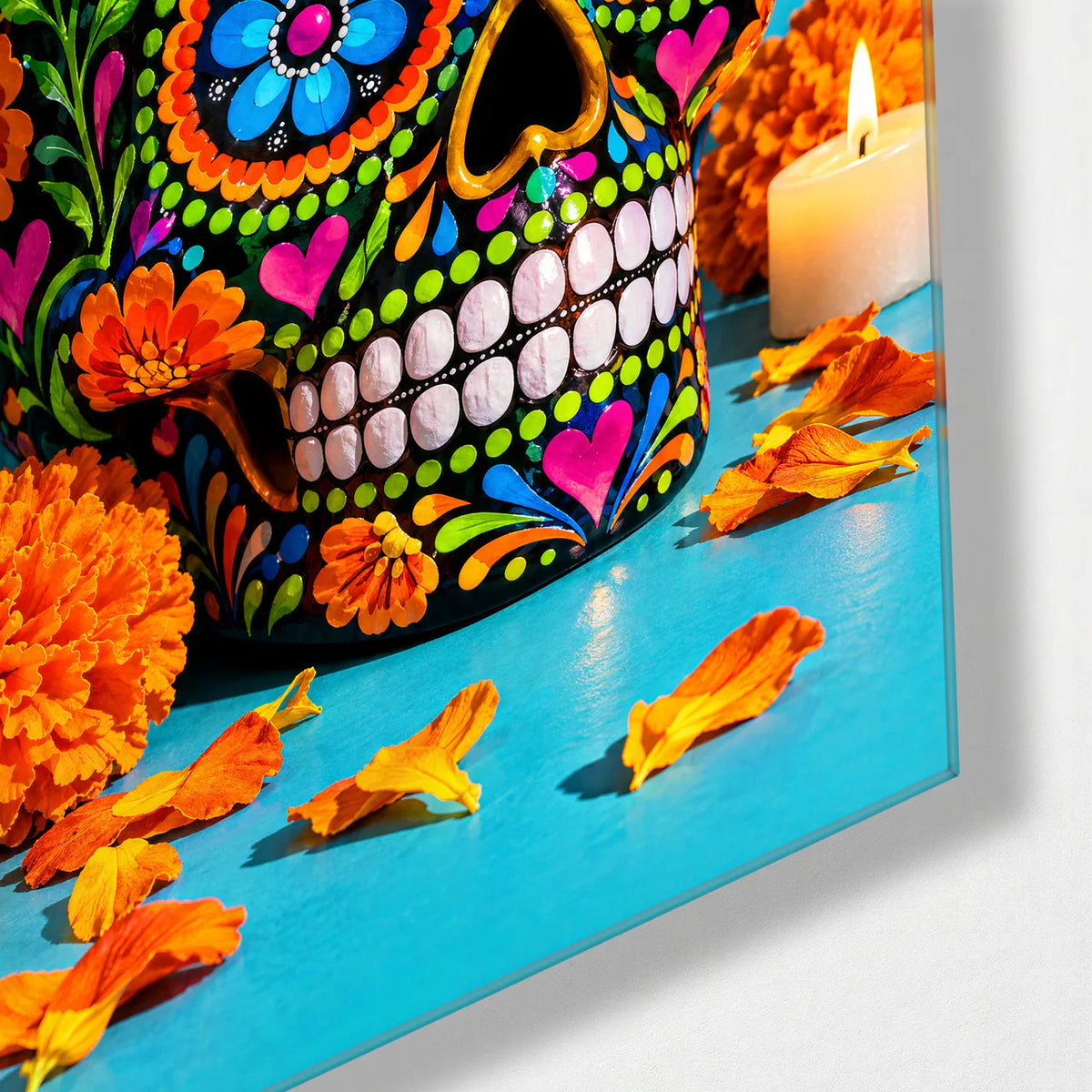 Marigold Skull — corner detail of glass wall art