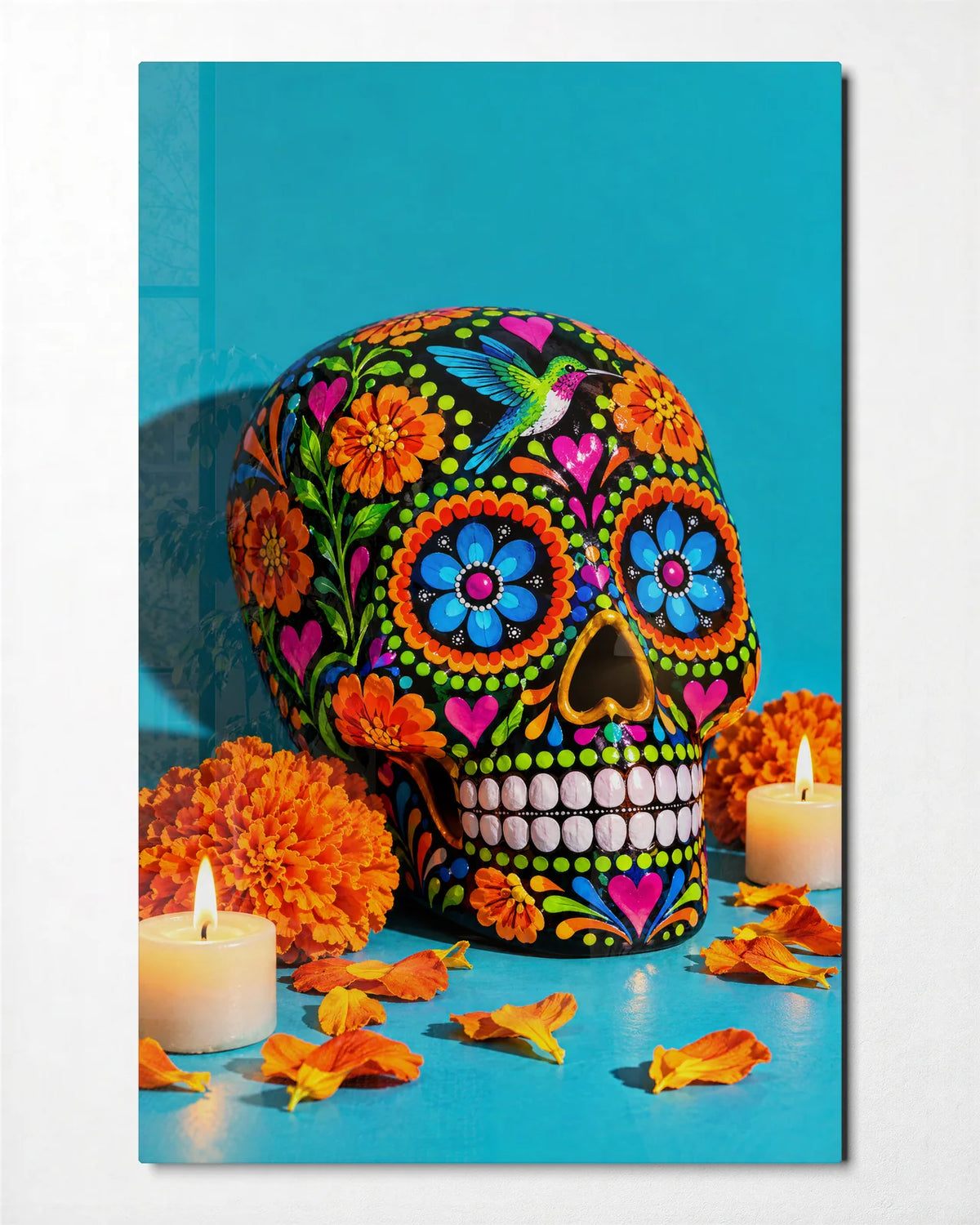 Marigold Skull — front view of glass wall art