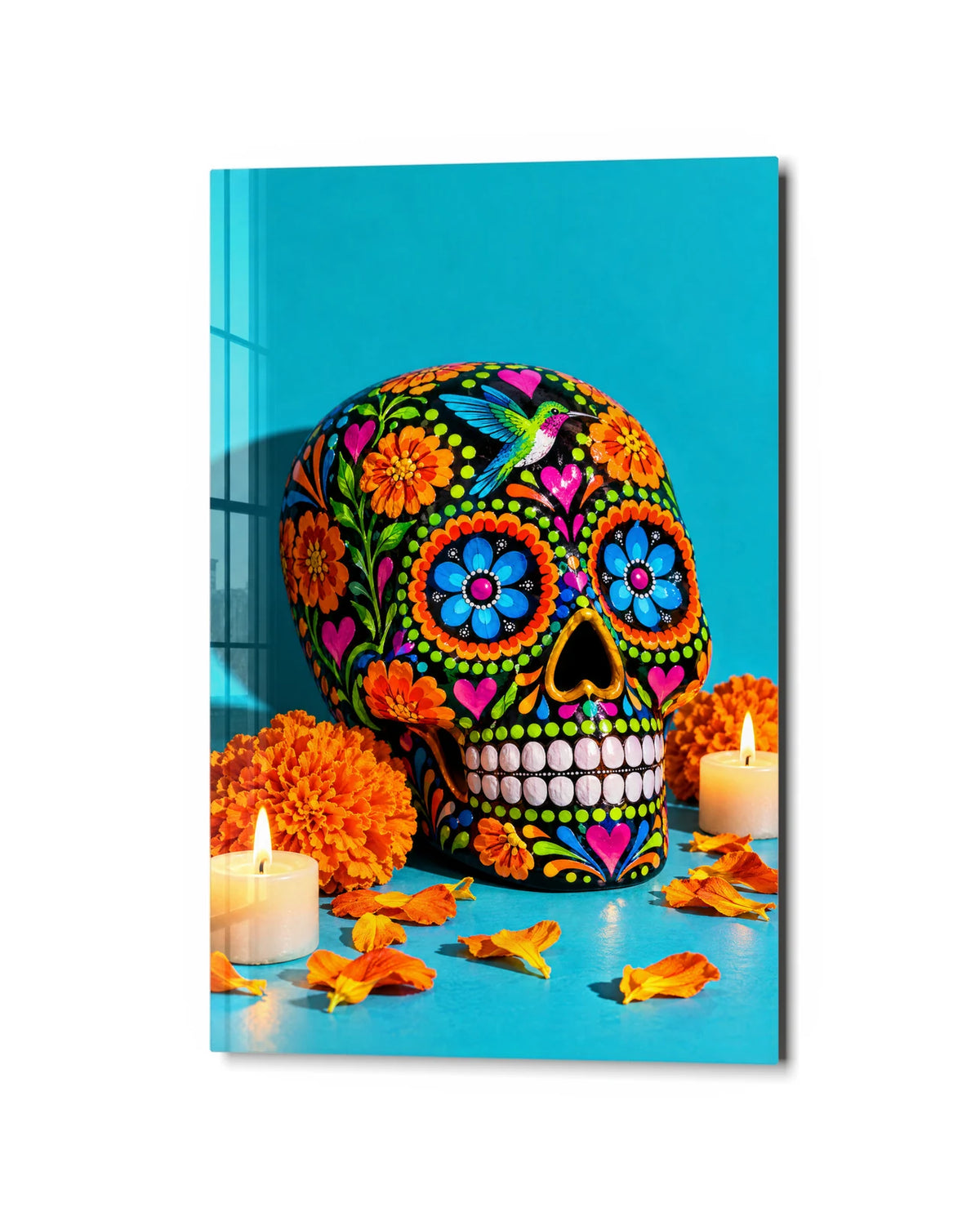 Marigold Skull — studio view of glass wall art