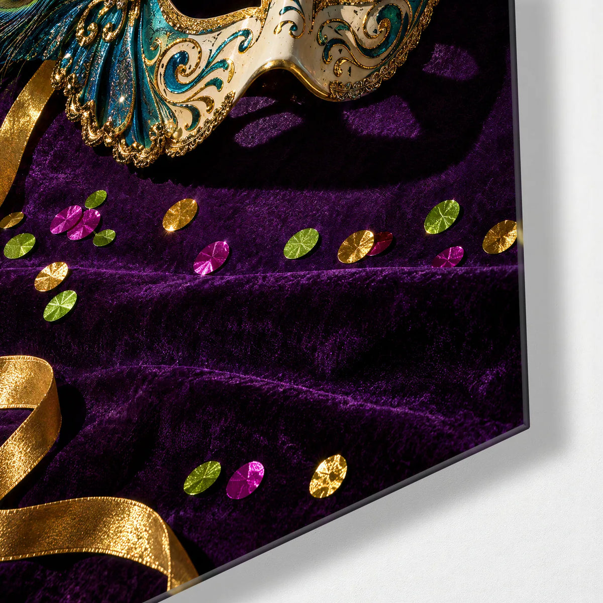 Mask on Velvet — corner detail of glass wall art