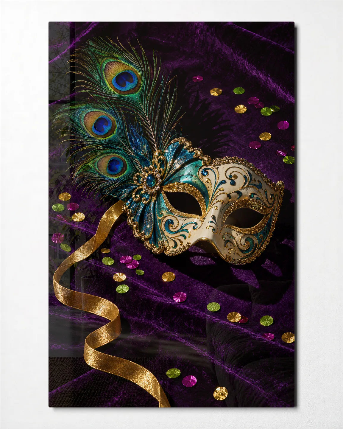 Mask on Velvet — front view of glass wall art