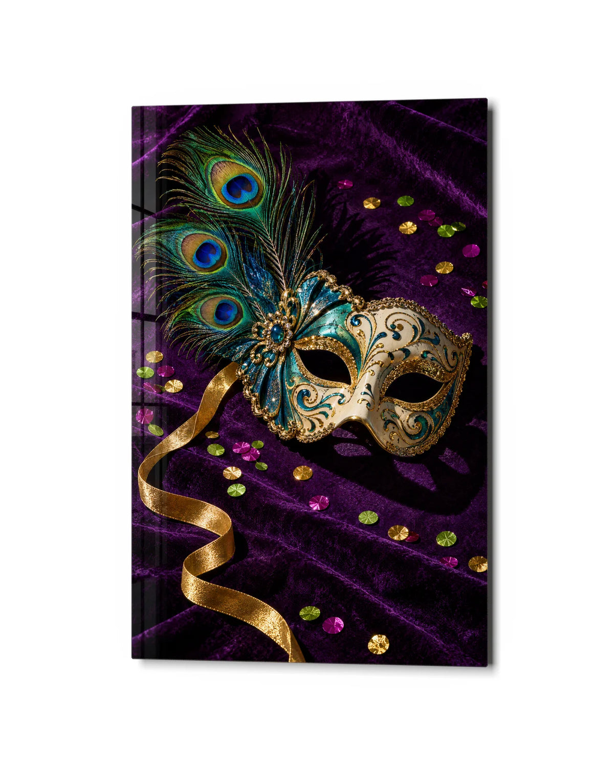 Mask on Velvet — studio view of glass wall art