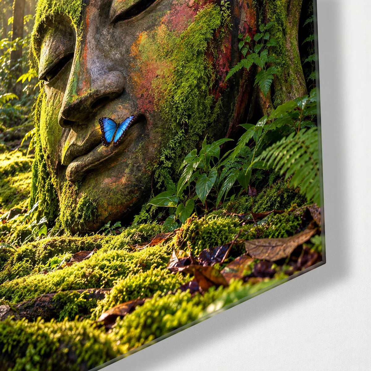 Buddha in the Moss — corner detail of glass wall art