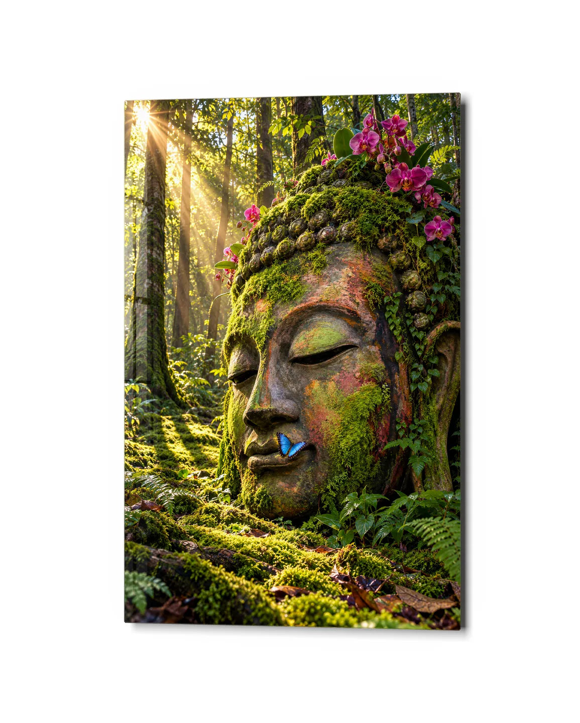 Buddha in the Moss — studio view of glass wall art
