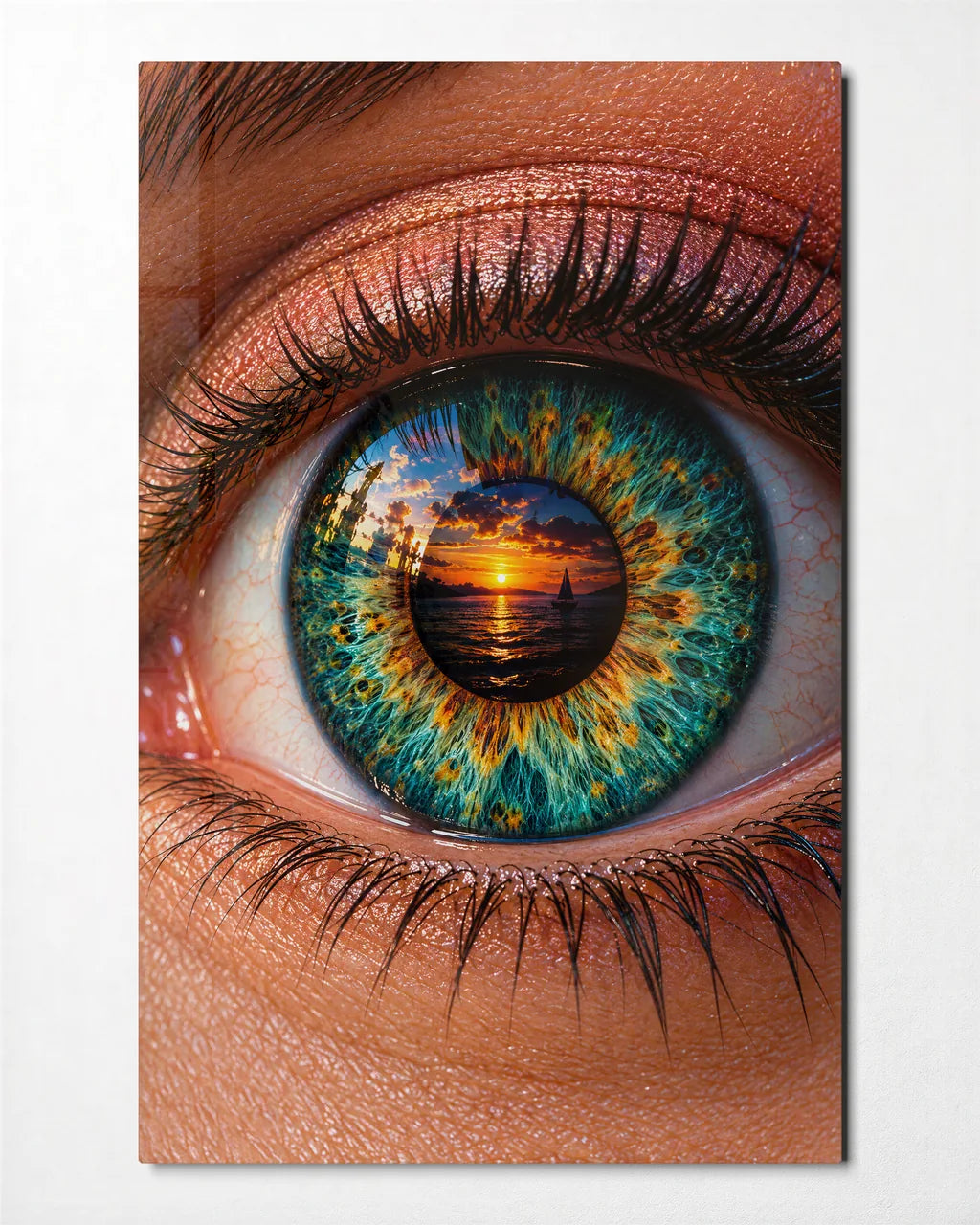 Sunset in the Iris — front view of glass wall art