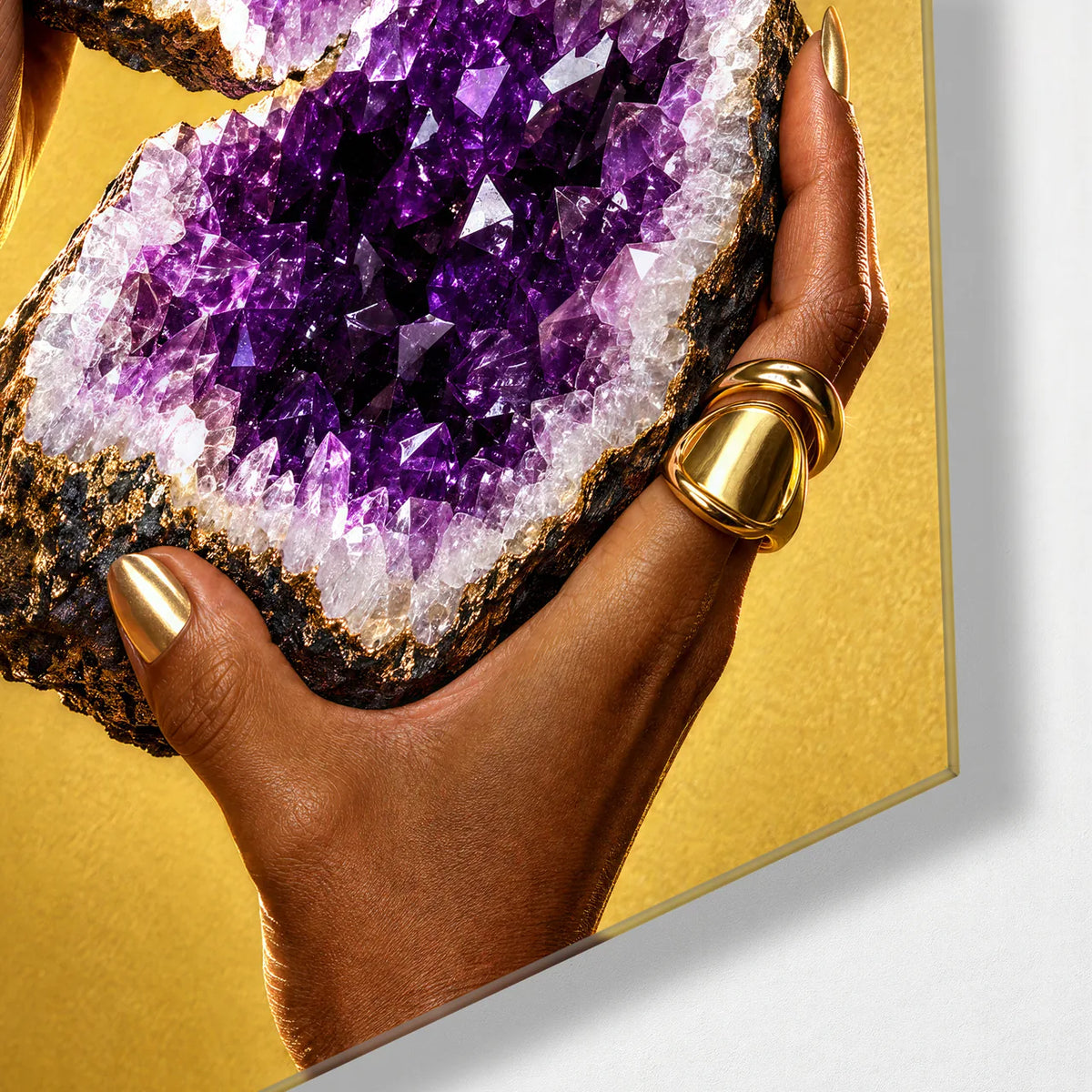 Amethyst in Hands — corner detail of glass wall art