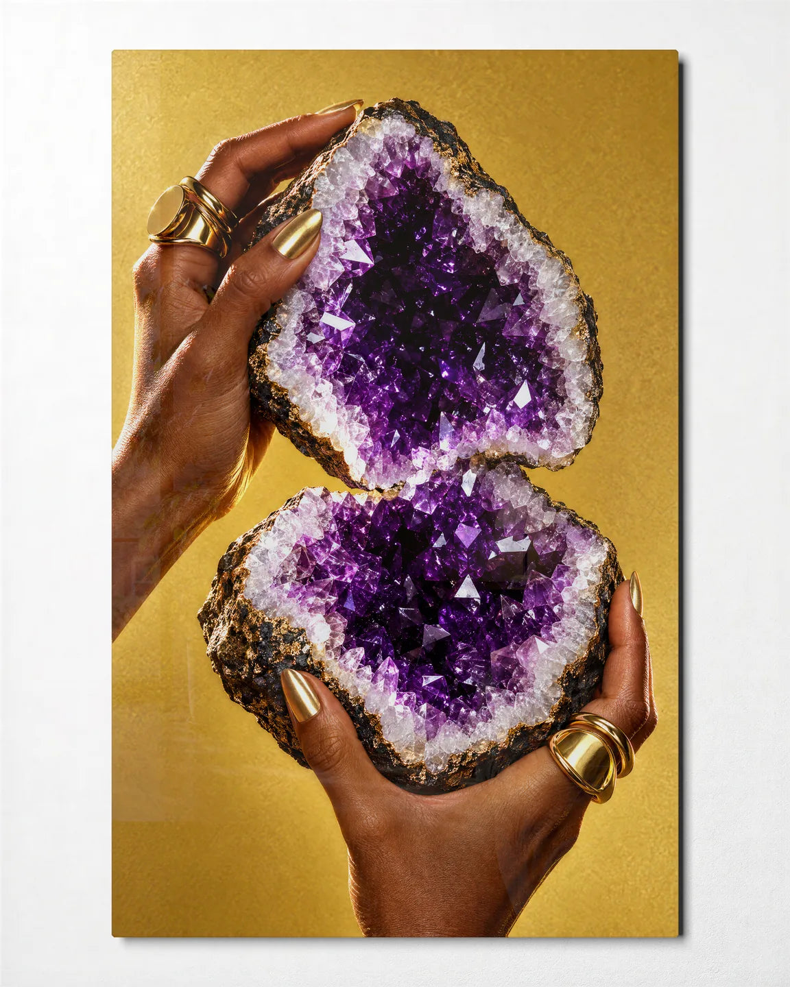 Amethyst in Hands — front view of glass wall art