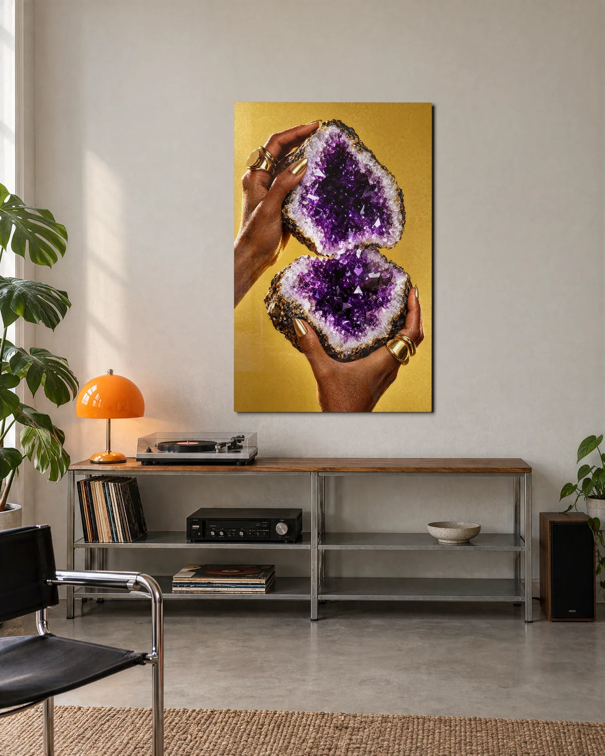 Amethyst in Hands — shown in a living space