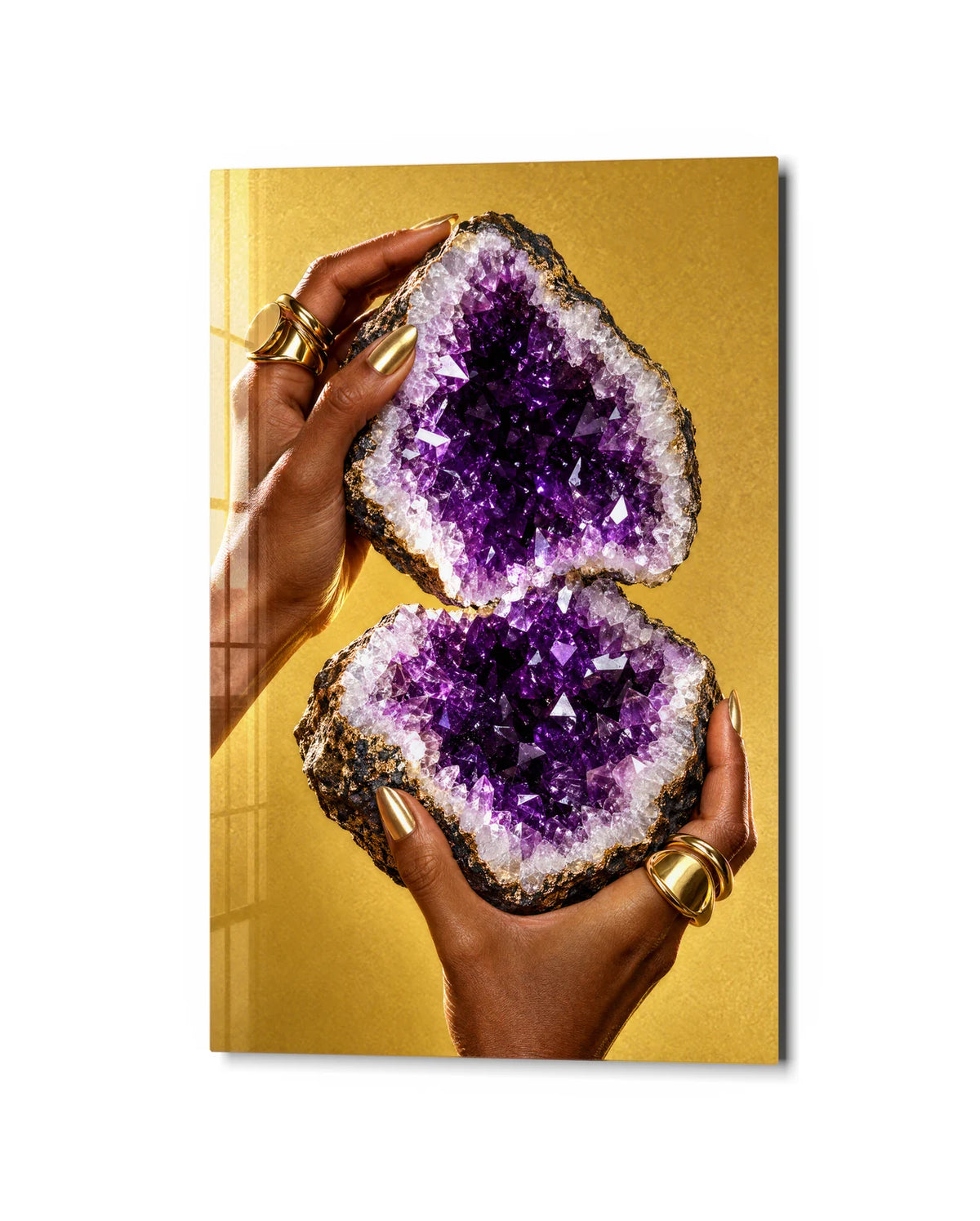 Amethyst in Hands — studio view of glass wall art