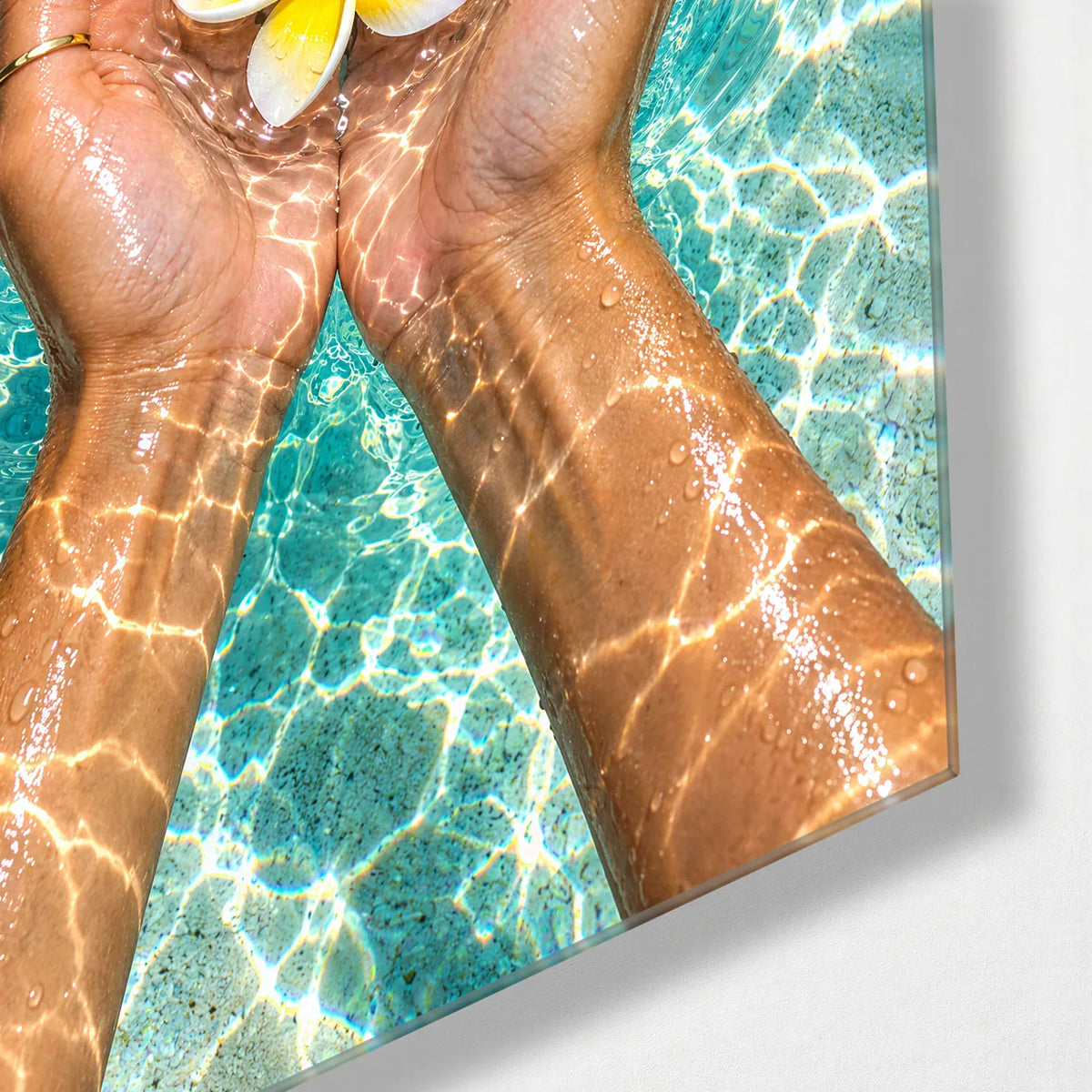 Flower in Cupped Hands — corner detail of glass wall art