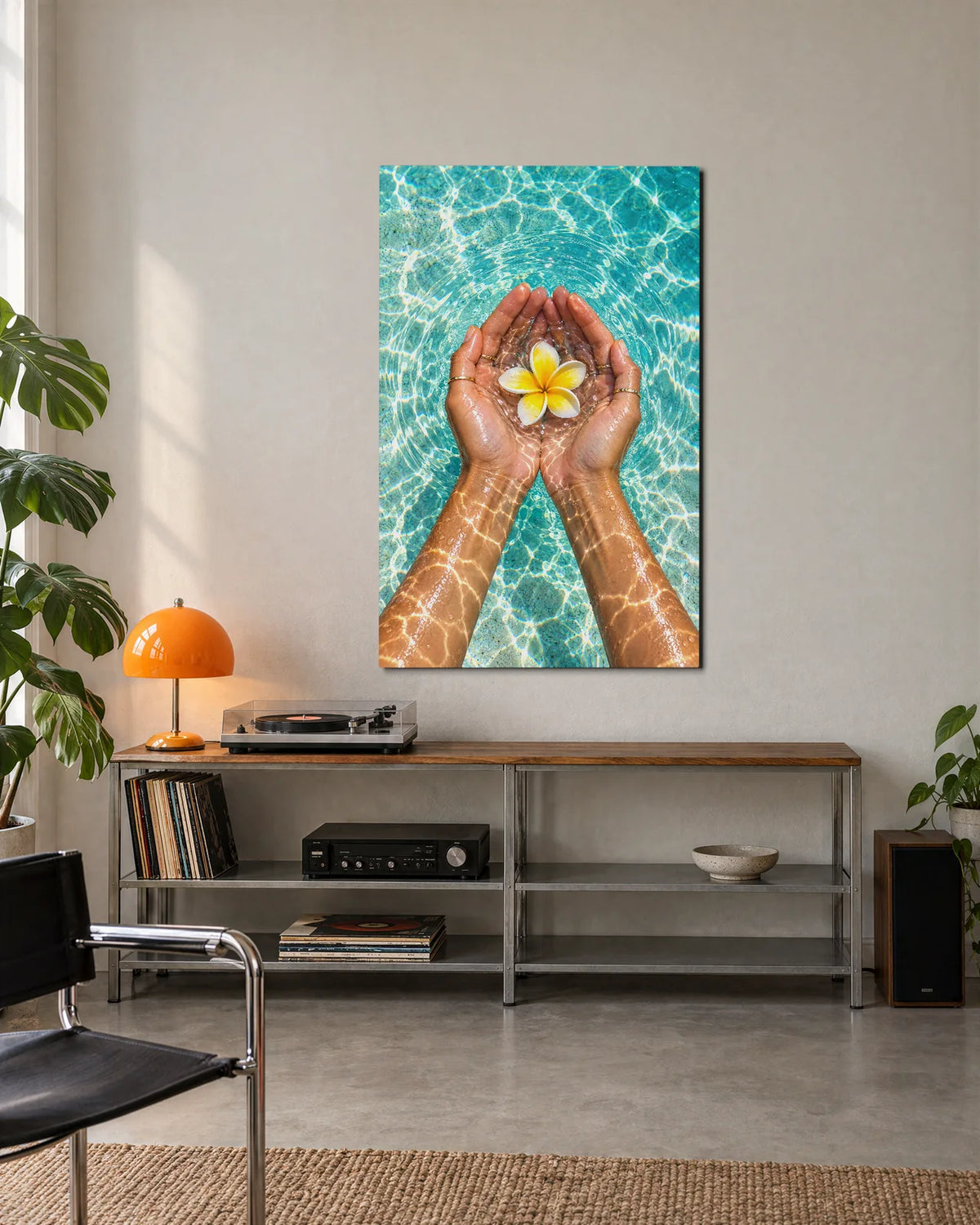 Flower in Cupped Hands — shown in a living space