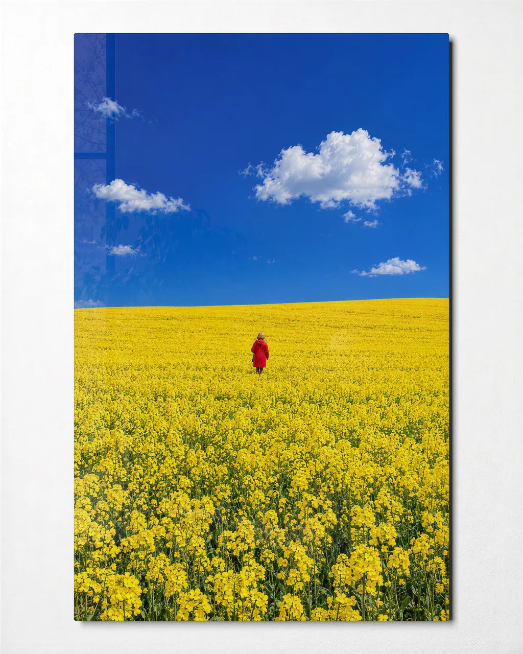 Red Coat in the Yellow Field — front view of glass wall art