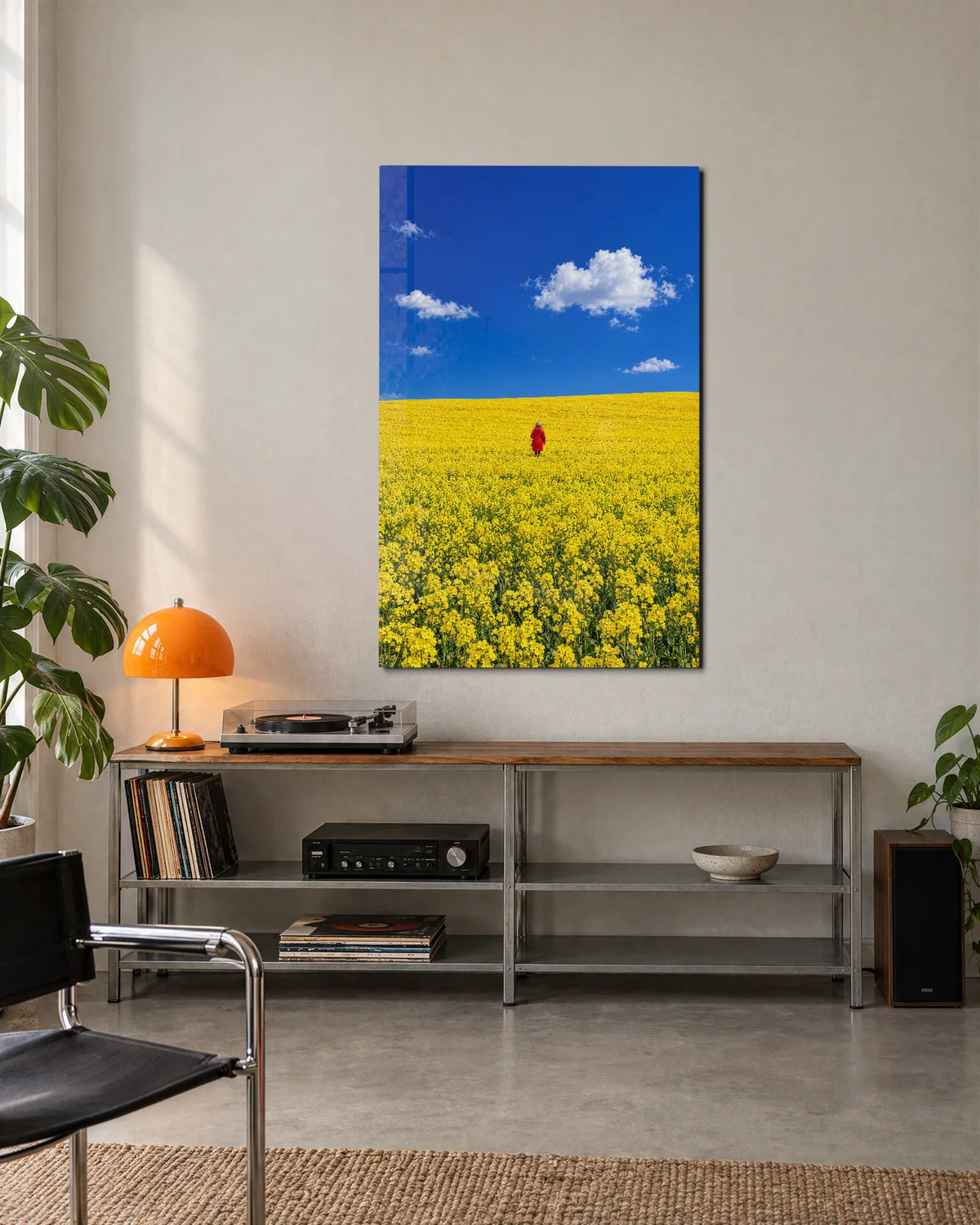 Red Coat in the Yellow Field — shown in a living space