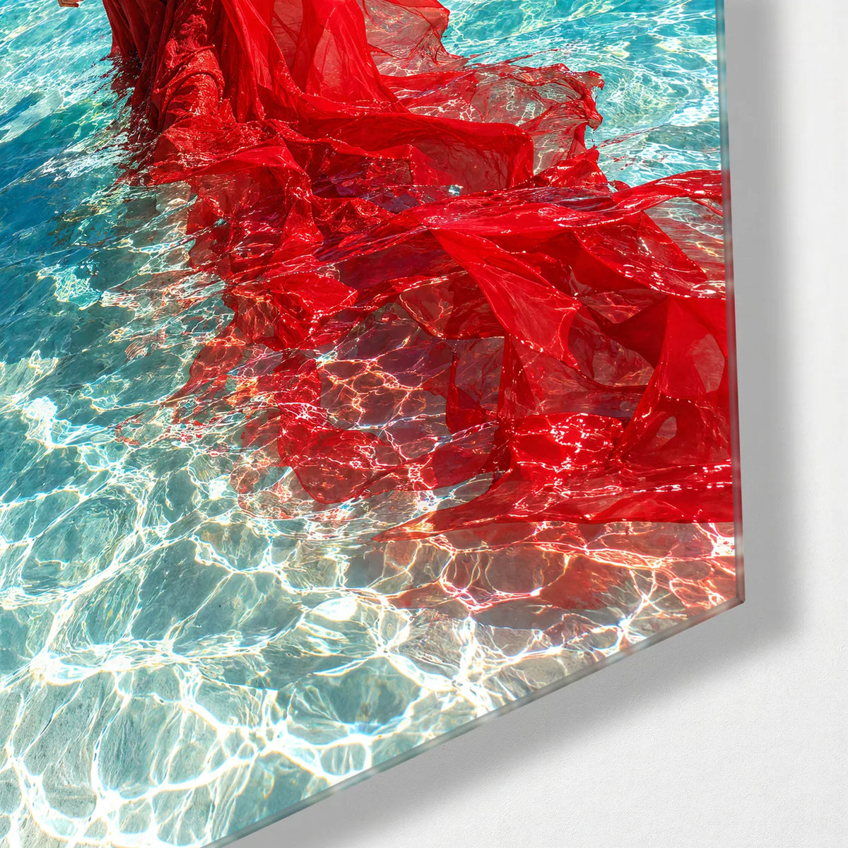 Red Dress in the Shallows — corner detail of glass wall art