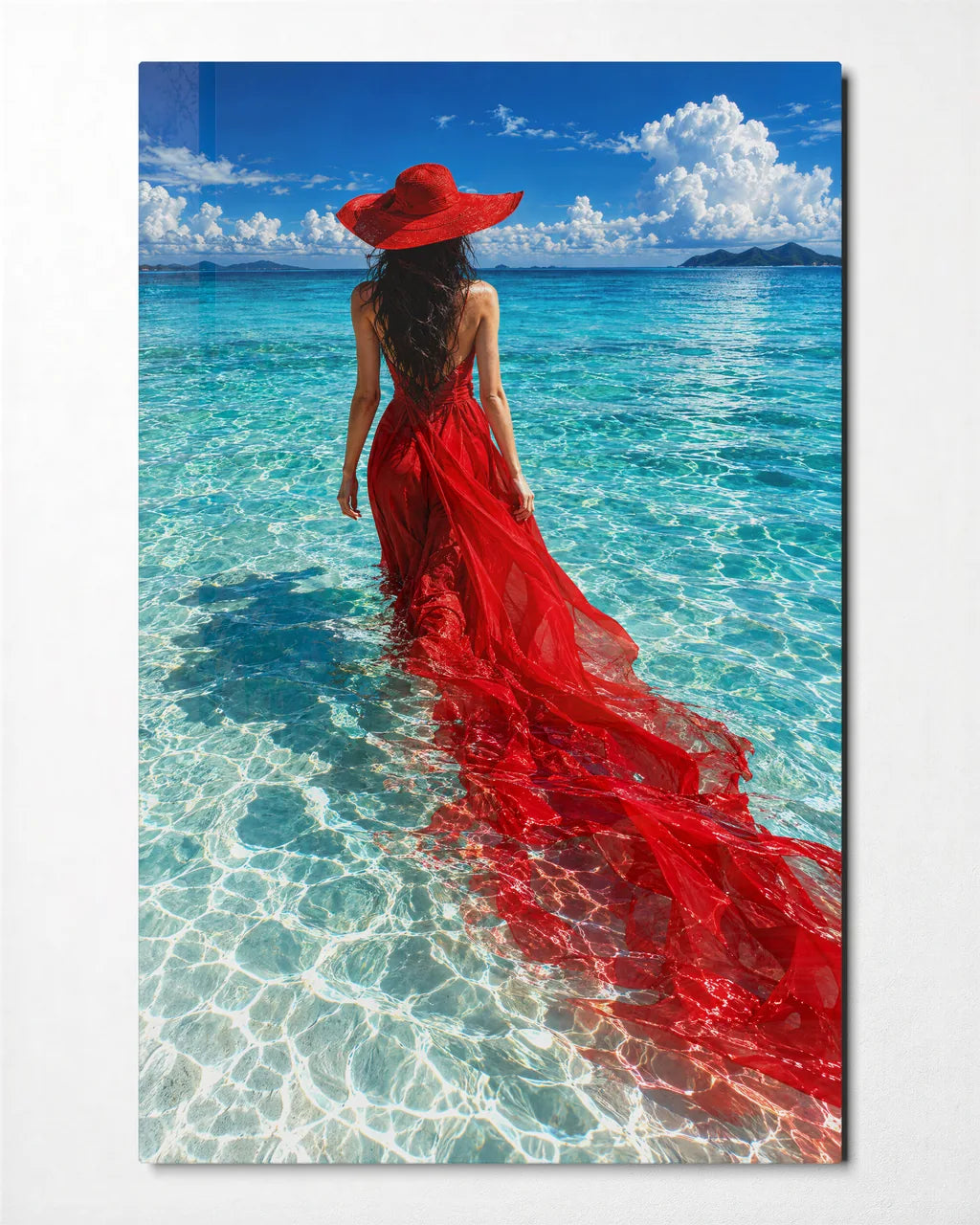 Red Dress in the Shallows — front view of glass wall art