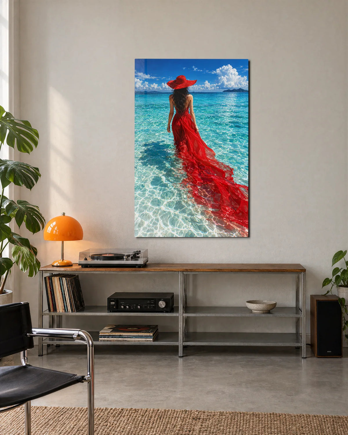 Red Dress in the Shallows — shown in a living space