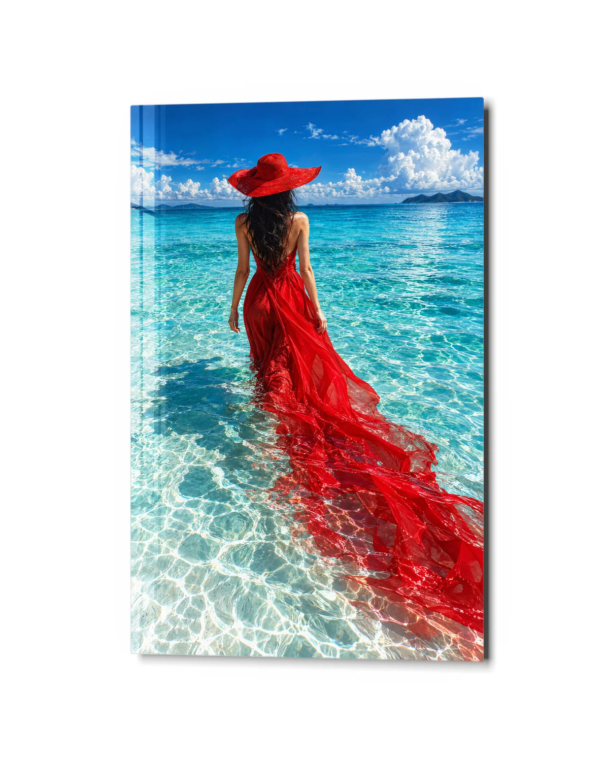Red Dress in the Shallows — studio view of glass wall art