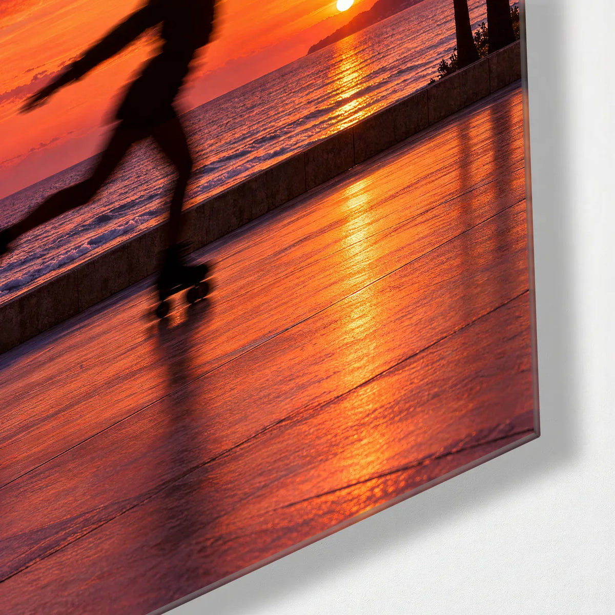 Roller Skater at Sunset — corner detail of glass wall art