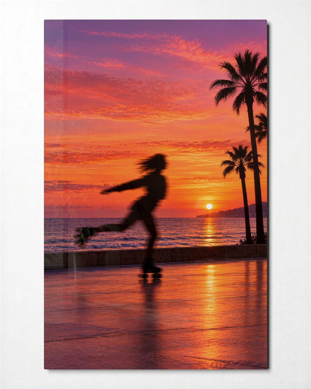 Roller Skater at Sunset — front view of glass wall art