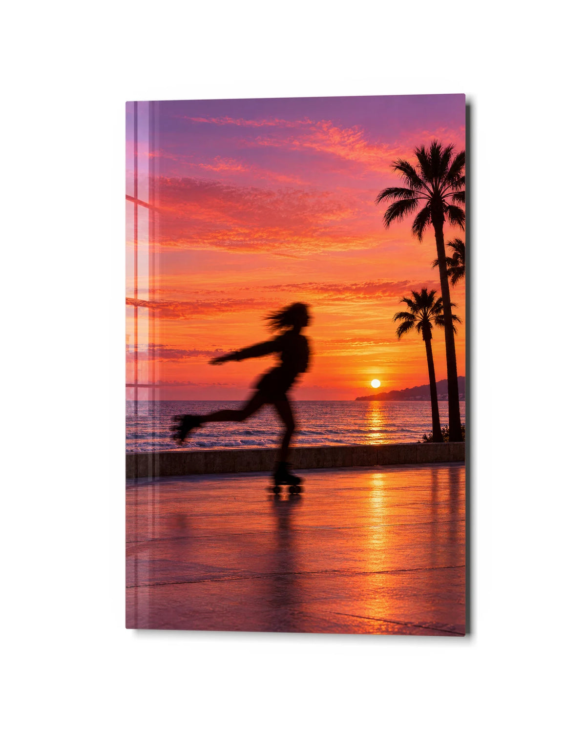 Roller Skater at Sunset — studio view of glass wall art