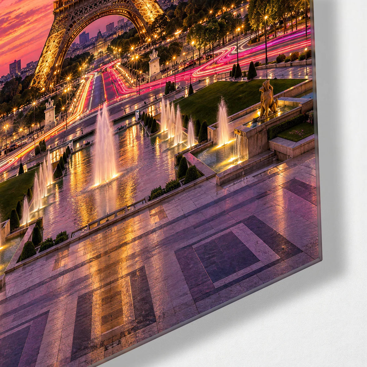 Eiffel Tower at Dusk — corner detail of glass wall art