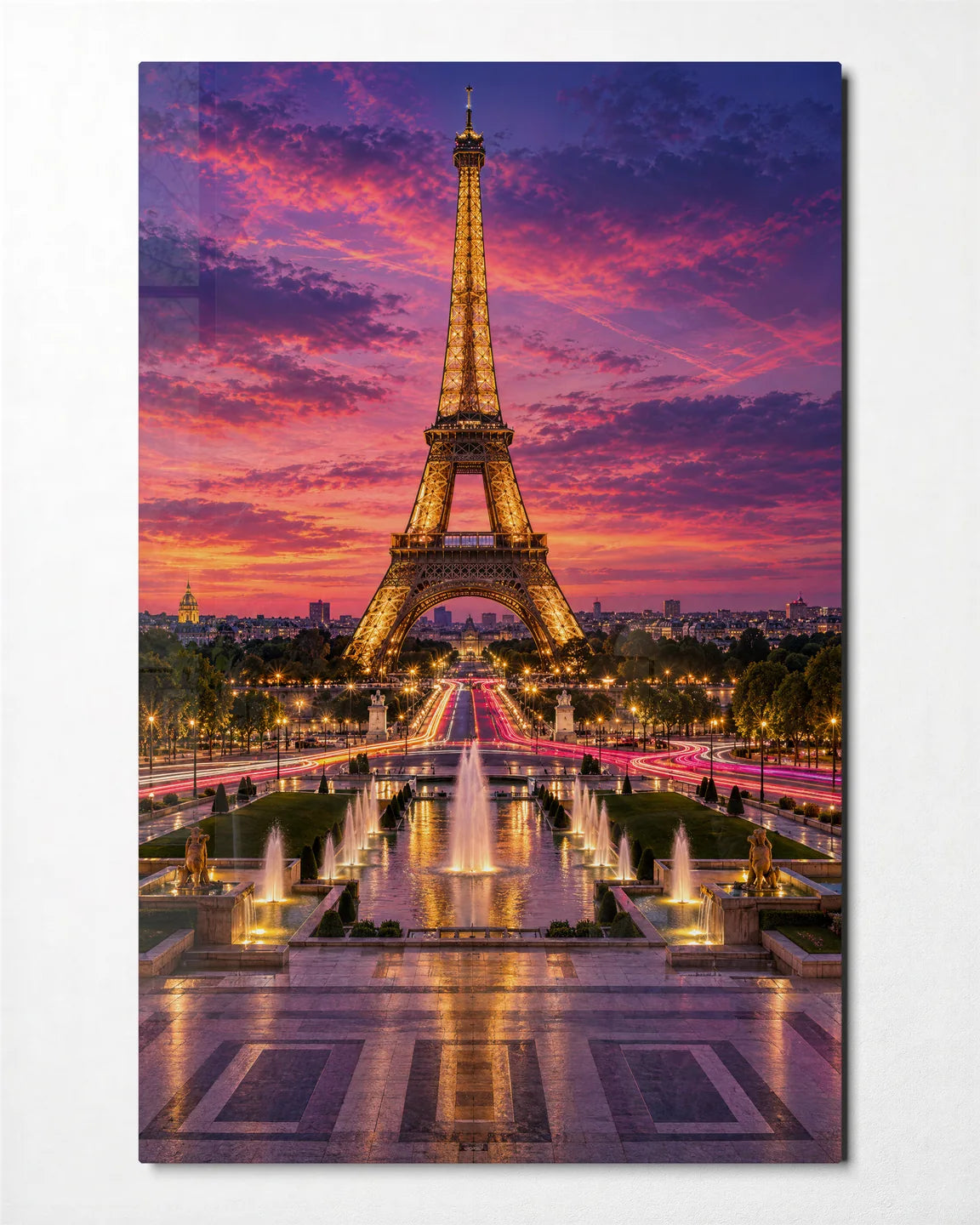 Eiffel Tower at Dusk — front view of glass wall art