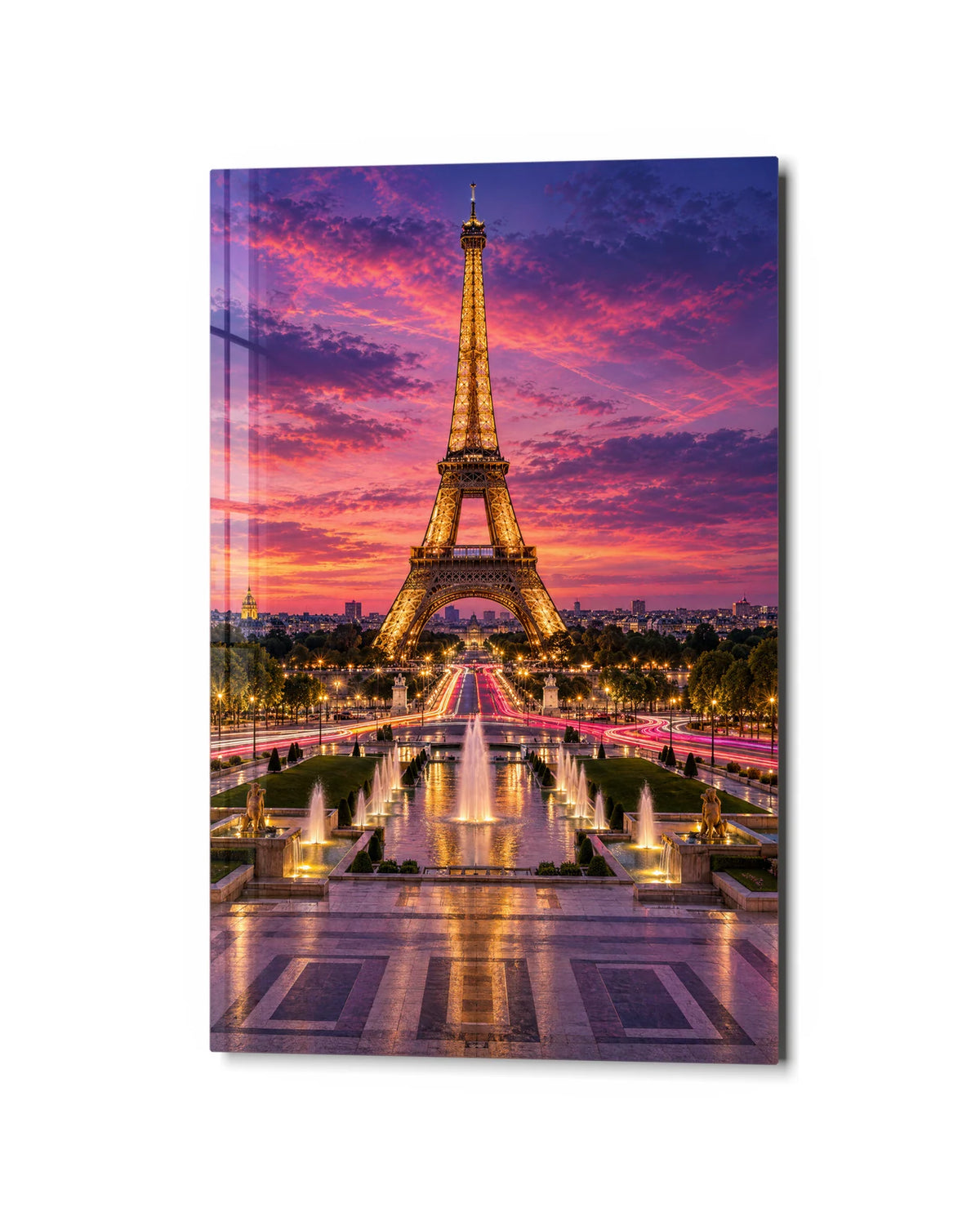 Eiffel Tower at Dusk — studio view of glass wall art