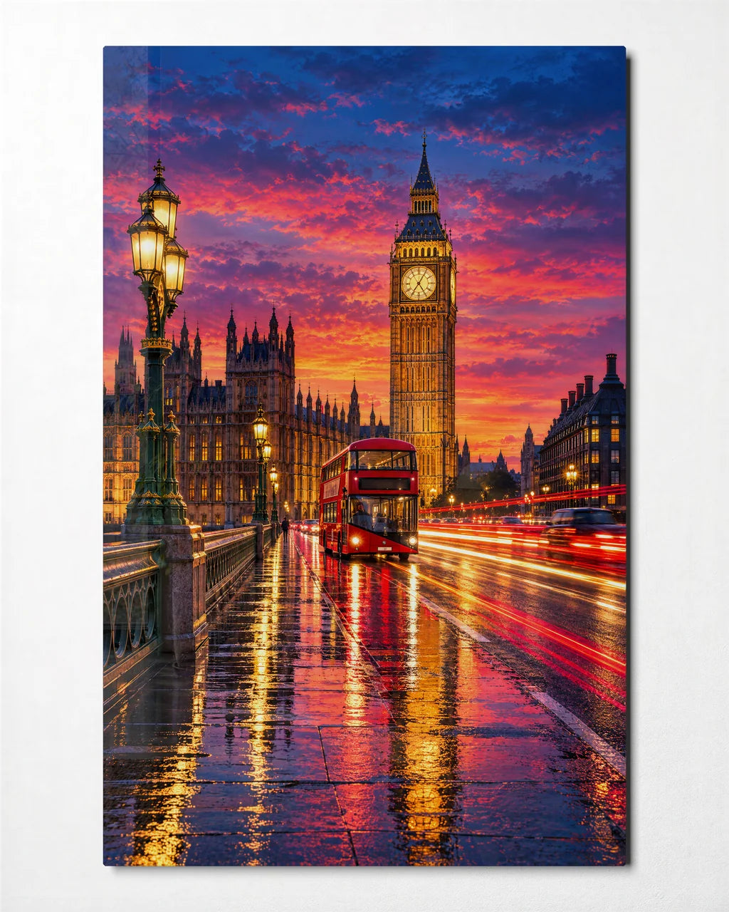London in Motion — front view of glass wall art