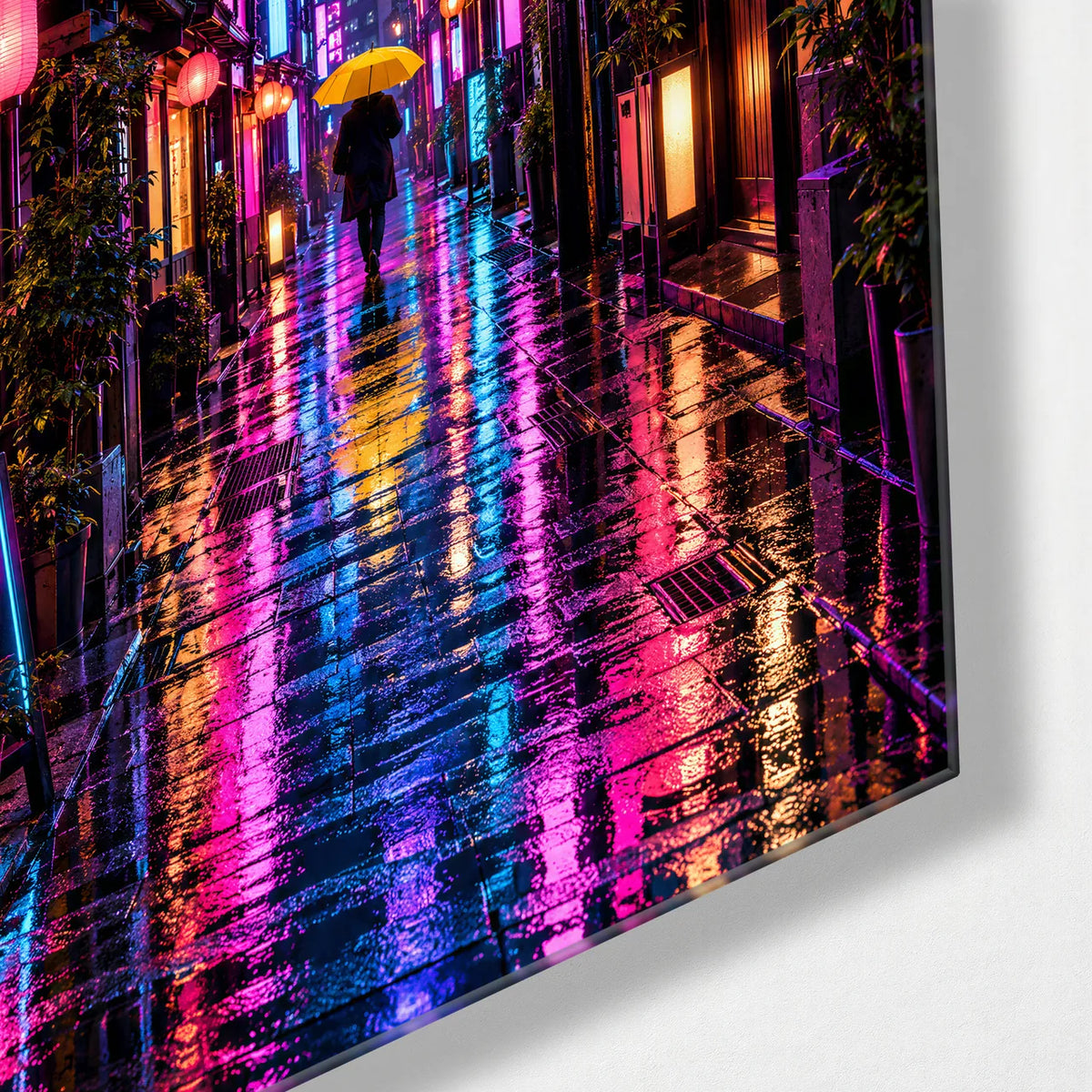 Tokyo Rain — corner detail of glass wall art