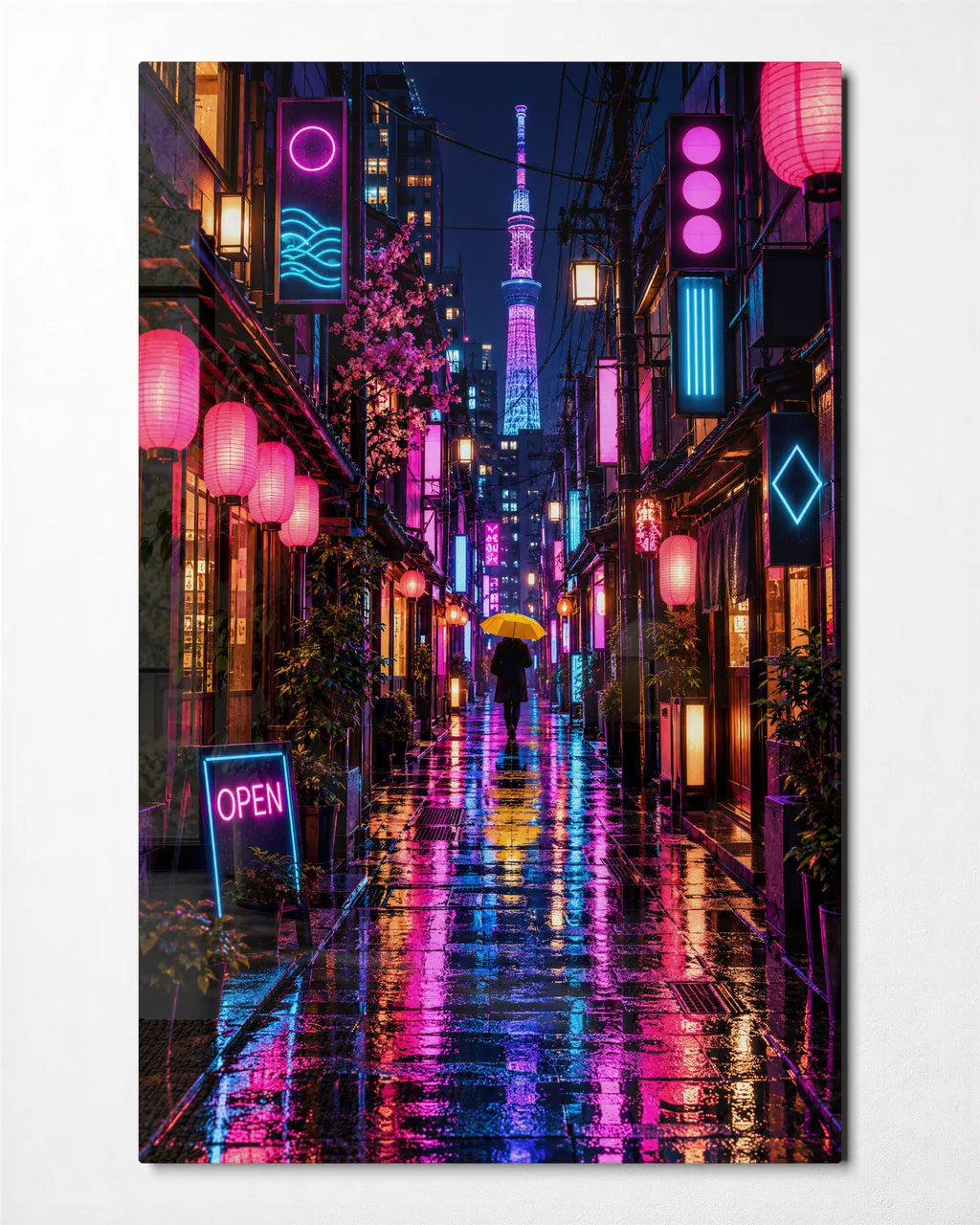 Tokyo Rain — front view of glass wall art