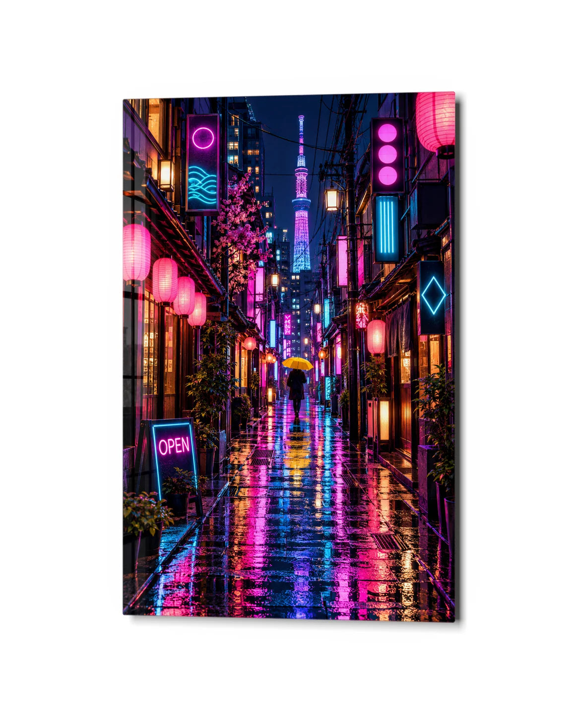 Tokyo Rain — studio view of glass wall art
