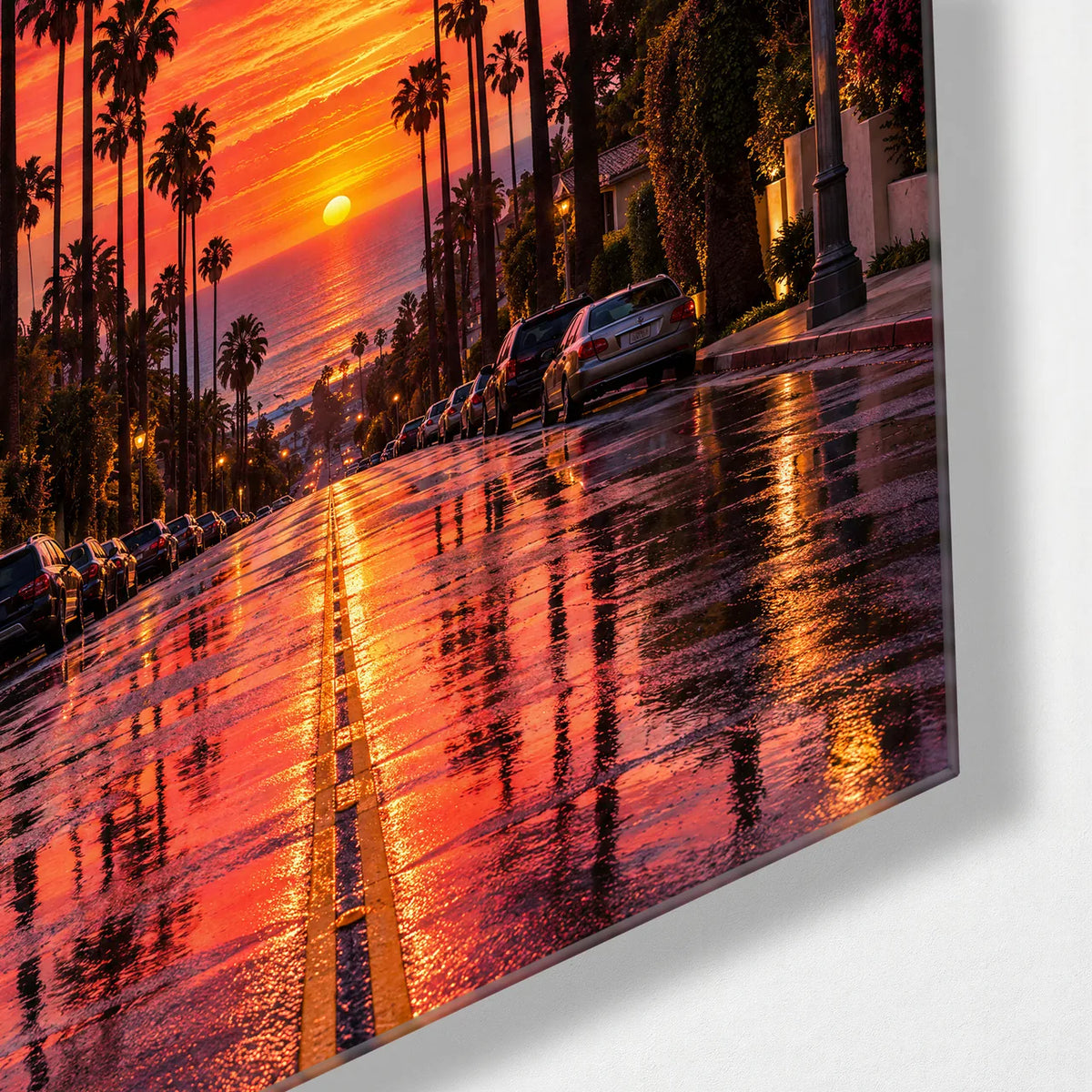 Palms to the Ocean — corner detail of glass wall art